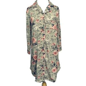 Body Touch Classics Gray & Pink Rose Floral Long Sleeve Soft Nite Shirt Sz M NEW
